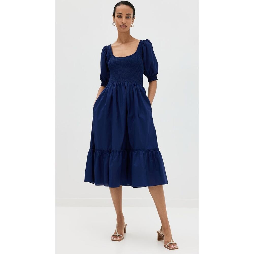 O.P.T. Navy Smocked Puff Sleeve Midi Dress Size Large